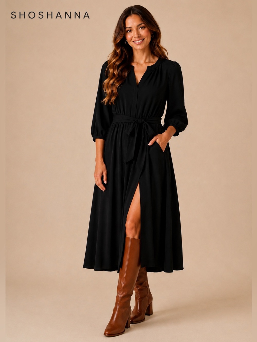Shoshanna Black Midi Dress with Puff Sleeves NWOT
